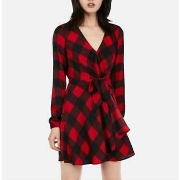 Dresses & Skirts - NWT Express • Red Black Buffalo Plaid Long Sleeve Knot Tie Dress